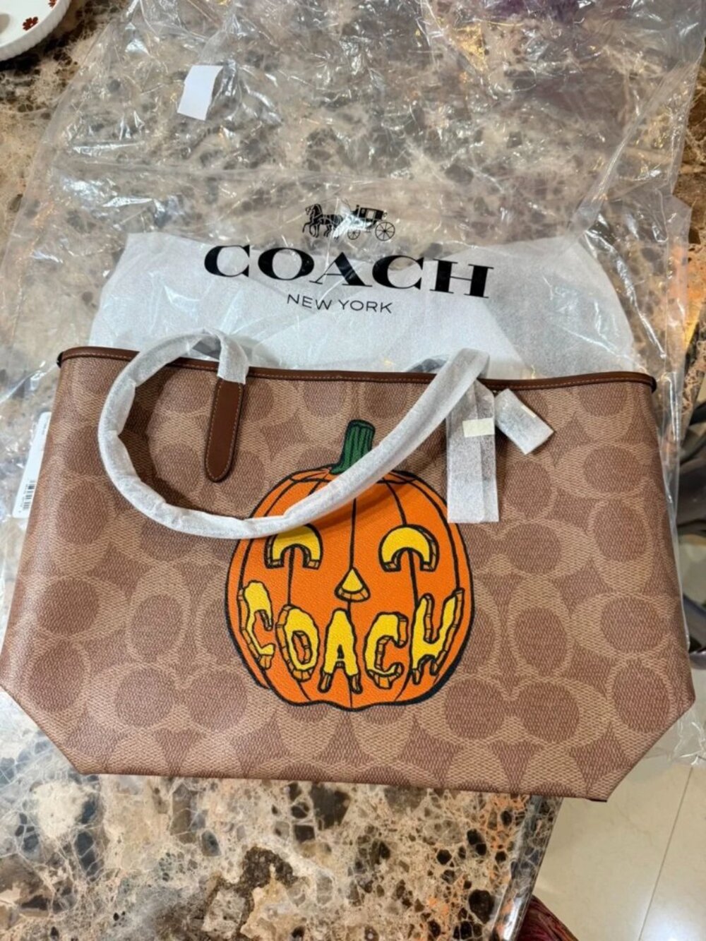 Coach Halloween Pumpkin Logo Print Large Zip‑Top Canvas Tote Handbag